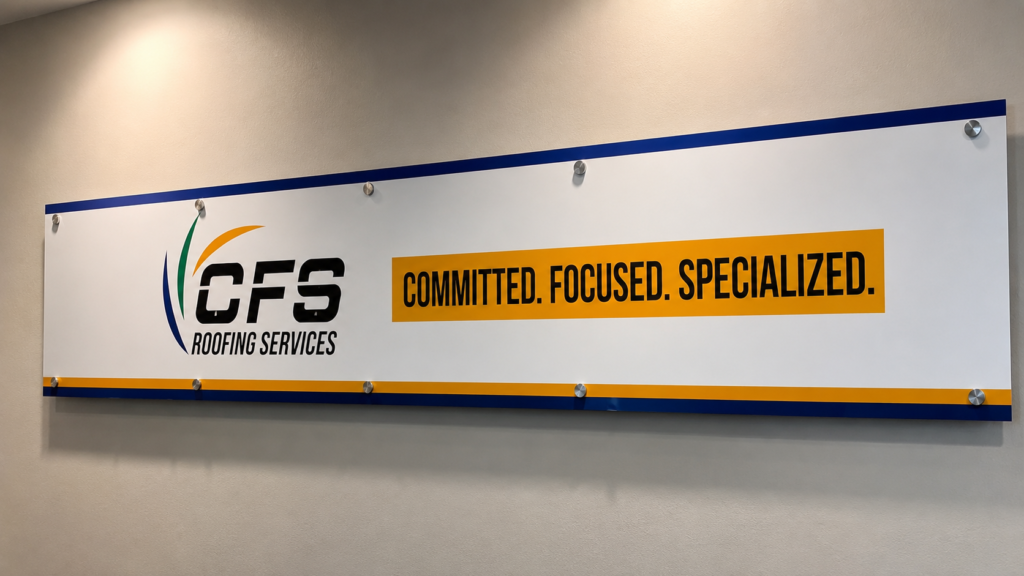 Angled view of a custom CFS Roofing Services meeting room wall sign mounted with metal standoffs in Cape Coral