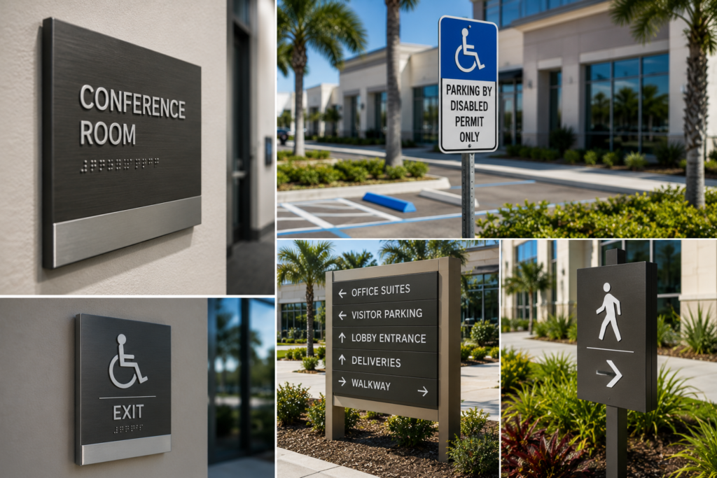 ADA-compliant wayfinding and accessibility signs installed at a commercial property.