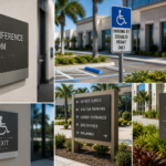 ADA-compliant wayfinding and accessibility signs installed at a commercial property.