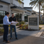 Directional wayfinding signs installed throughout a commercial office property in Fort Myers.