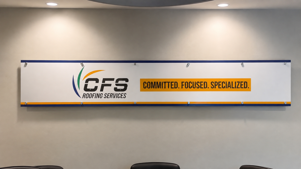 Custom CFS Roofing Services lobby sign installed in a Cape Coral meeting room with professional branded graphics.