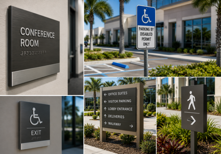 ADA-compliant wayfinding and accessibility signs installed at a commercial property.
