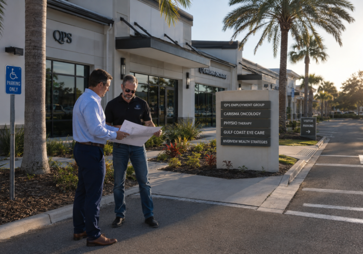 Directional wayfinding signs installed throughout a commercial office property in Fort Myers.