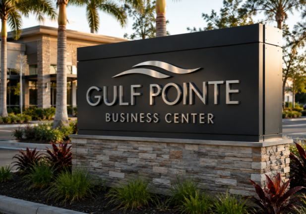 Illuminated commercial monument sign at a Southwest Florida business property during evening hours.