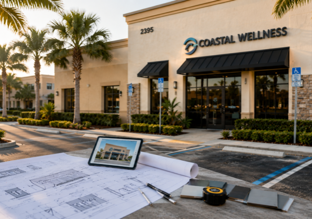 Business owner and sign consultant reviewing commercial sign plans before applying for a sign permit in Lee County, Florida.